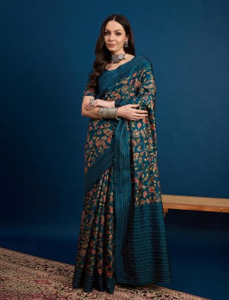 Rama blue printed cozi silk saree