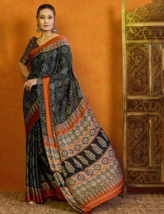 Black bhagalpuri silk saree in printed for women