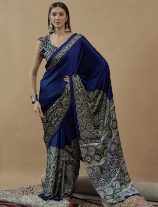 Blue japan satin saree with printed for festive wear