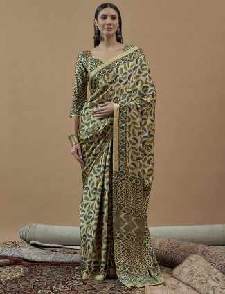 Cream printed saree in japan satin
