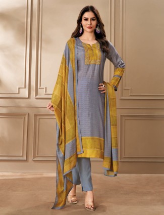 Graceful grey dola silk suit with traditional motifs