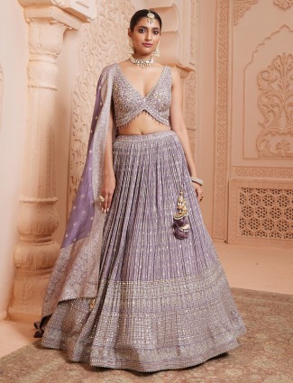 Lilac chinnon lehenga choli ensemble with dupatta