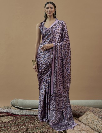 Lilac purple printed japan satin saree for festival