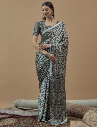 Mint blue printed saree in japan satin