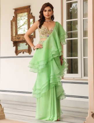 Mint green organza and georgette ready to wear saree