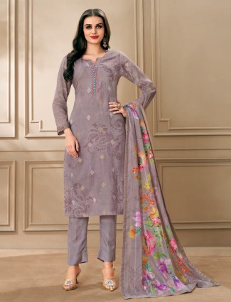 Mauve purple cotton attire with intricate patterns