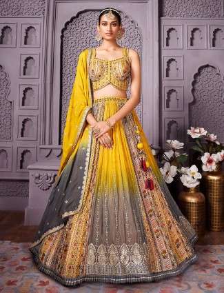 Mustard lehenga choli set with shaded dupatta