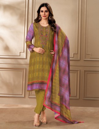 Elegant olive dola silk suit with intricate prints