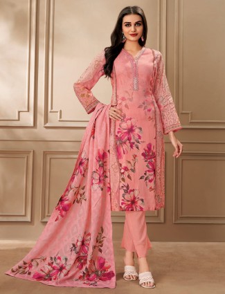 Peach toned cotton suit with traditional designs