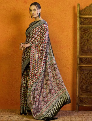 Red printed bhagalpuri silk saree for festive wear