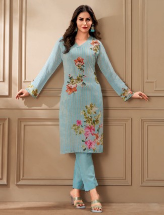 Sky blue linen suit with modern printed accents