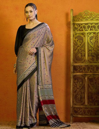 Stylish brown bhagalpuri silk saree with prints