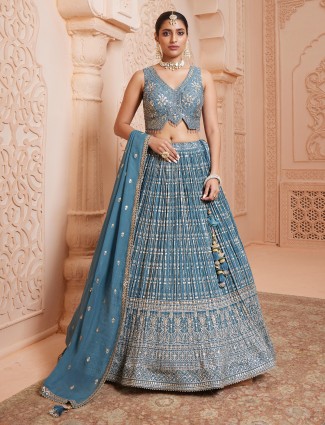 Teal blue chinnon lehenga choli set