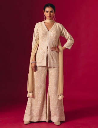 Beige georgette embroidered pakistani suit with dupatta