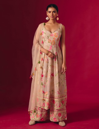 Beige georgette zari embellished festive palazzo suit