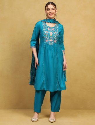 Blue silk festive kurti with thread work