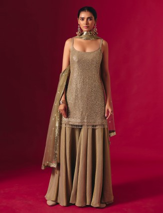 Mehendi green georgette sequined palazzo suit set