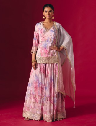 Multi color satin silk printed designer palazzo ensemble