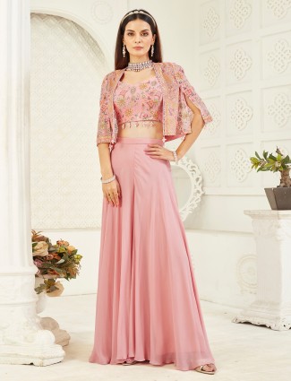 Pink georgette palazzo suit with mirror work