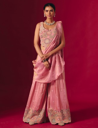 Pink silk designer embroidered wedding palazzo suit
