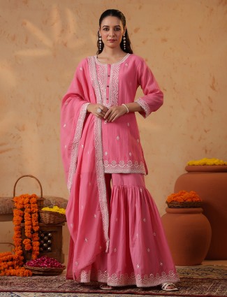 Pink grace embroidered silk pakistani sharara ensemble