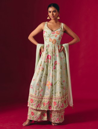 Pista green georgette embellished pakistani palazzo suit