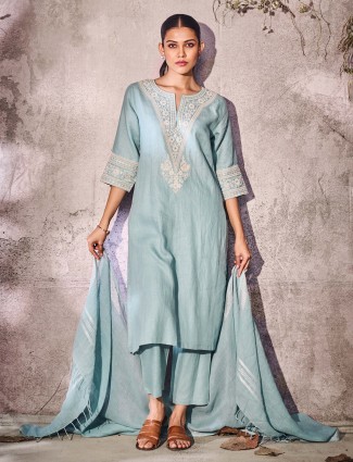 Stone blue cotton kurti with thread detailing