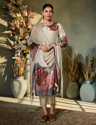 Beige printed silk kurti with sequins