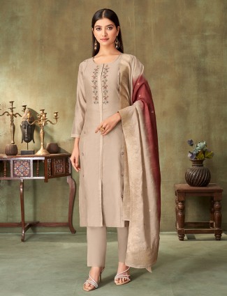 Beige silk embroidered festive suit with dupatta