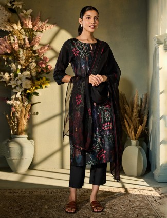 Black printed silk kurti with dupatta