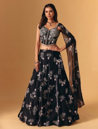 Black silk sequined cutdana work lehenga choli