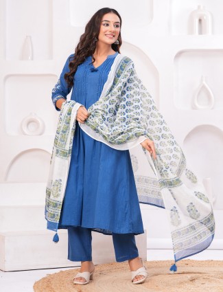 Blue linen embroidered beaded suit with palazzo and dupatta