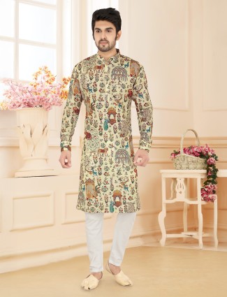 Cream cotton kurta pajam with print for men