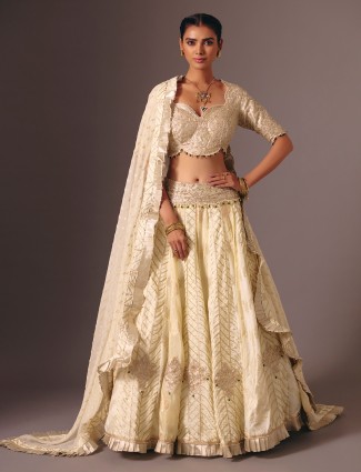 Cream silk beaded zari work wedding lehenga choli