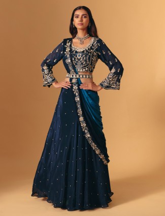 Navy georgette zardosi full-sleeve bridal lehenga