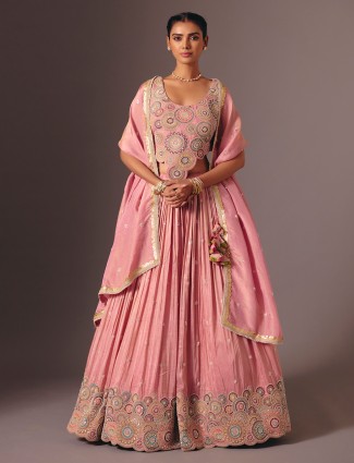 Pink silk zardosi embroidered reception lehenga set