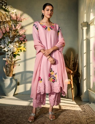 Pink silk festive kurti with embroidery