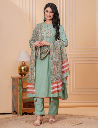 Pista green linen sequined embroidered yoke suit with dupatta