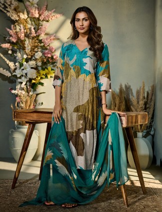 Rama green printed silk kurti set