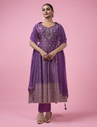 Purple silk anarkali suit with zari accents