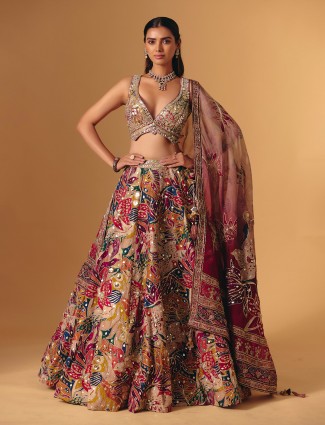 Cream silk printed aabla work wedding lehenga choli