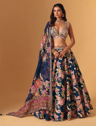Navy floral silk cutdana work printed lehenga choli