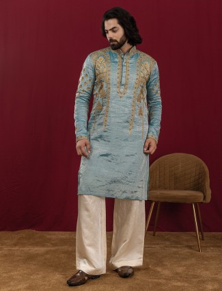 Blue silk embellished festive kurta suit