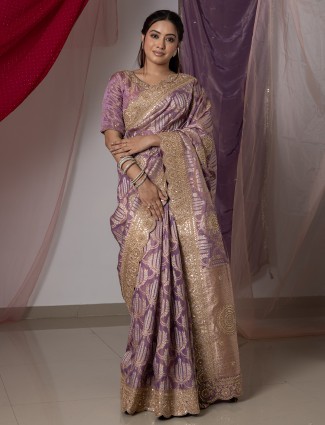 Light purple silk saree with resham accents