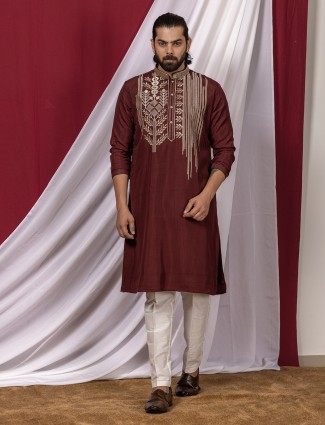Maroon cotton silk kurta suit for men