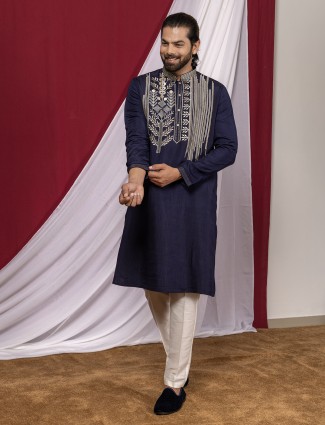 Navy cotton silk festive kurta suit