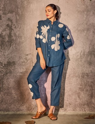 Navy printed cotton silk co ord set for women