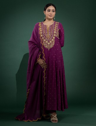 Purple silk anarkali suit with detailing