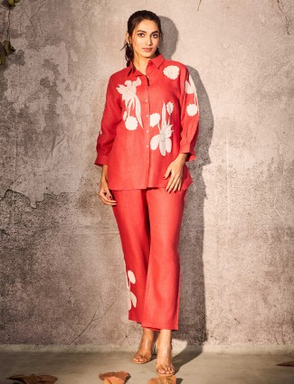 Red casual wear cotton silk co ord set for women