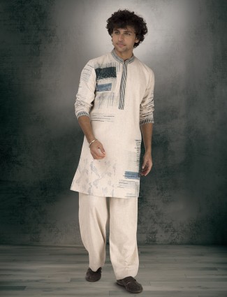 Beige linen cotton printed kurta suit for men